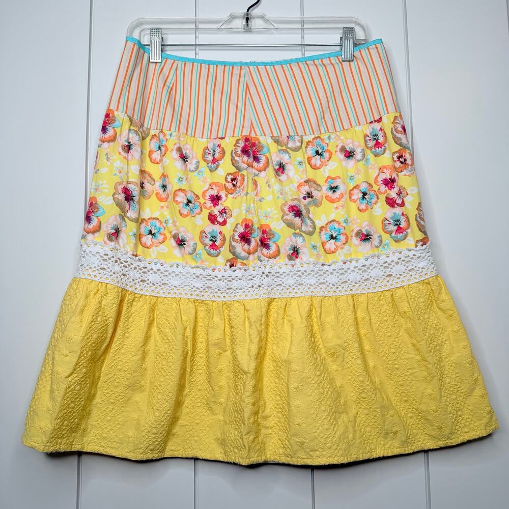 Harold’s Floral Tiered Cotton Skirt Womens 8 Yellow A-Line Cottagecore Spring